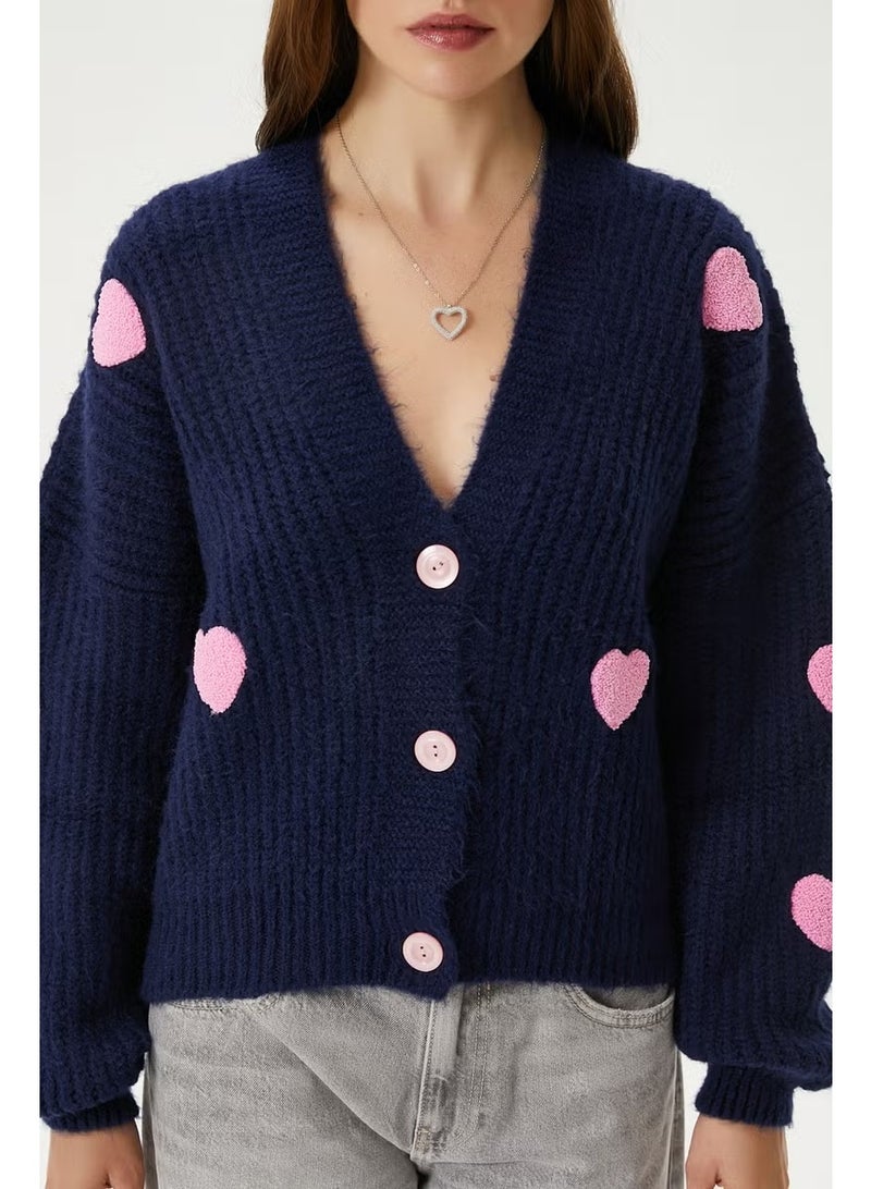 Ritnice Women's Cozy Navy Blue Pink Heart Embroidered Knitwear Cardigan - Image 2
